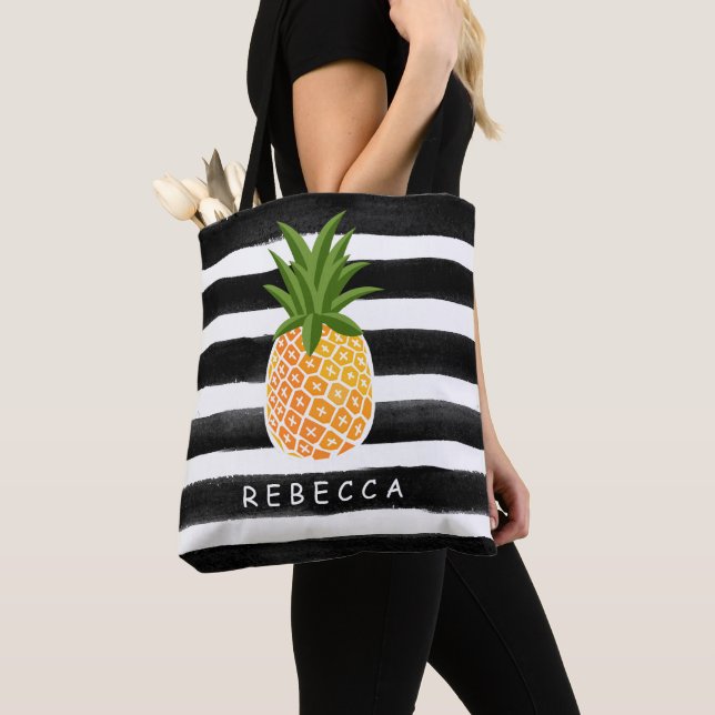 Bolso De Tela Fashiable Tropical Pineapple Black White Stripes (Detalle)
