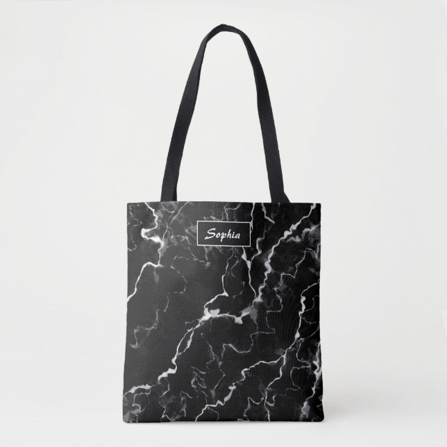 Bolso De Tela Faux Black Marble Texble Look With Custom Name (Anverso)