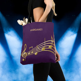 Bolso De Tela Faux gold music notes sobre un fondo violeta de mo