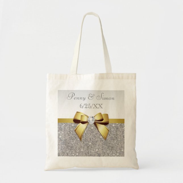 Bolso De Tela Faux Silver Sequins Gold Bow Wedding Favor (Frente)