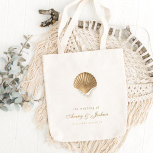 Bolso De Tela Favor de boda costero personalizado con conchas de