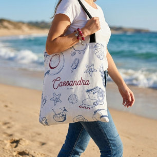 Bolso De Tela Favor de cumpleaños de verano de playa azul y rojo