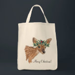 Bolso De Tela Fawn Deer Holiday Tote Bag<br><div class="desc">Ditch the disposable gift bags and wrap their present in a tote they'll be happy to use again and again with this sturdy reusable tote bag. This cute fawn deer dressed up for Christmas with a crown of evergreens and holly is the perfect way to share some holiday cheer. Use...</div>