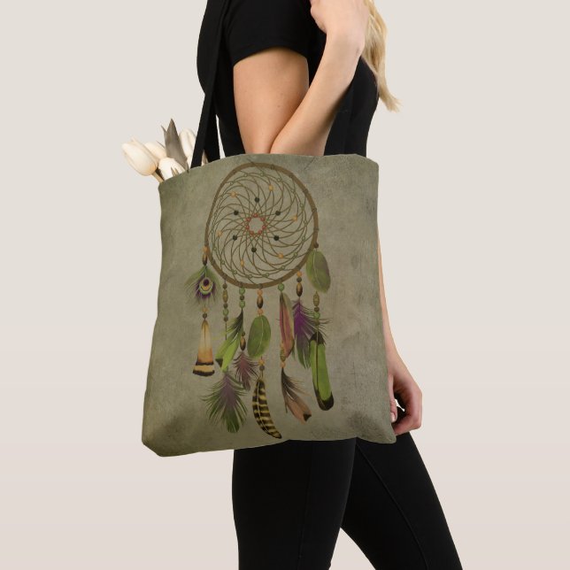 Bolso De Tela Feathers verdes | Boho Dreamcatcher (Detalle)