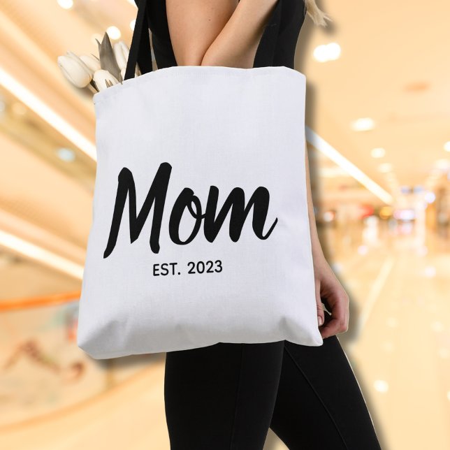Bolso De Tela Fecha de establecimiento de mamá Texto personaliza (Personalize with year(s).  Matching items available in collection)