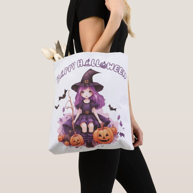 Bolso De Tela Felices Calabazas de Brujas Moradas de Halloween (Detalle)