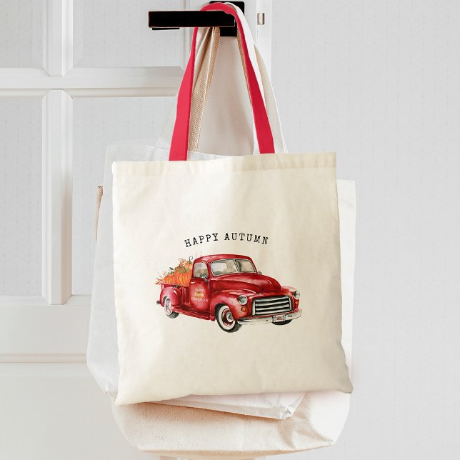 Bolso De Tela Felices Calabazas de Camión Rojo de Otoño (Happy Autumn Red Truck Pumpkins Tote Bag)