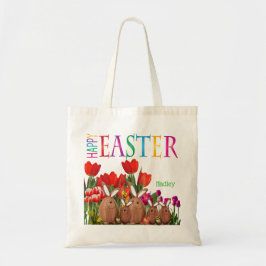 Bolso De Tela Felices conejitos de Pascua con tulipanes