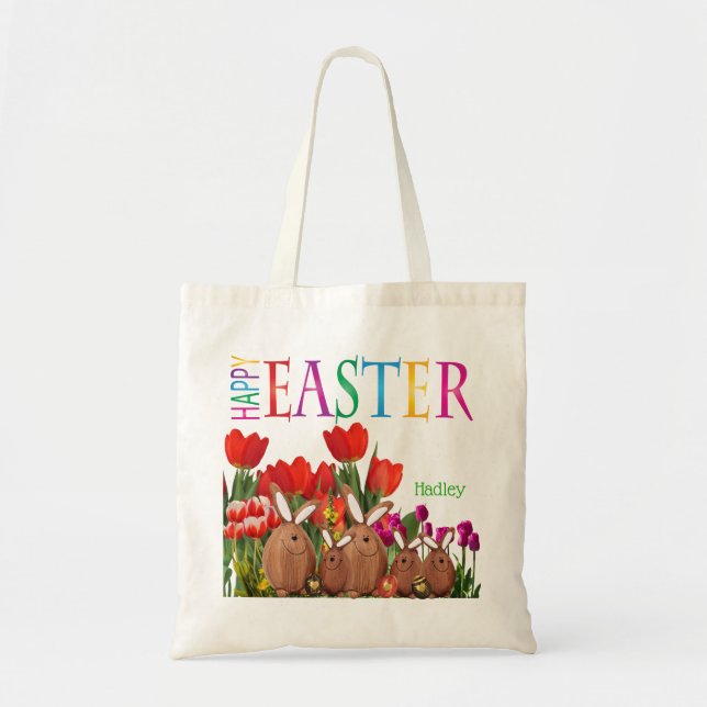 Bolso De Tela Felices conejitos de Pascua con tulipanes (Frente)