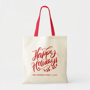 Bolso De Tela Felices Fiestas de Caligrafía Roja Personalizada