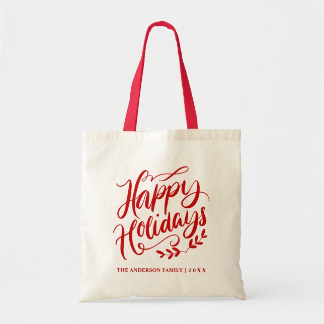 Bolso De Tela Felices Fiestas de Caligrafía Roja Personalizada (Frente)