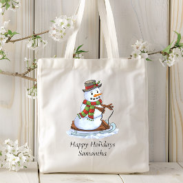Bolso De Tela Felices Fiestas Nombre Personalizado Snowman Sledd