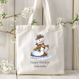 Bolso De Tela Felices Fiestas Nombre Personalizado Snowman Sledd