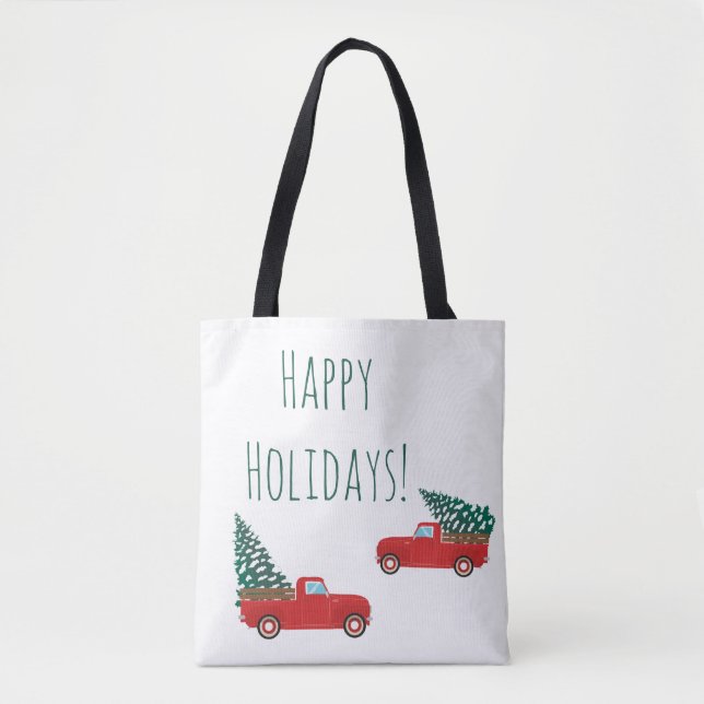 Bolso De Tela Felices Fiestas Pequeño Camión Rojo Árbol de Navid (Anverso)