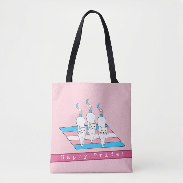 Bolso De Tela Felices Gatos Del Orgullo Con Bandera Transgénero (Anverso)