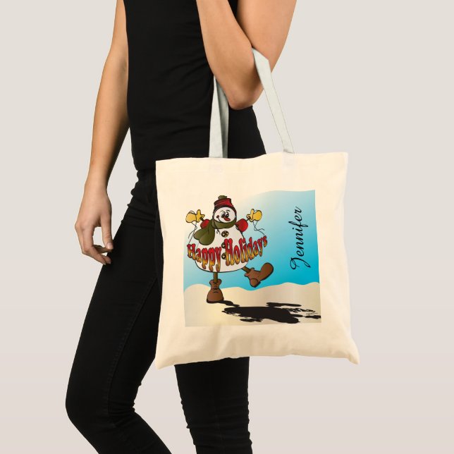 Bolso De Tela Felices vacaciones Snowman | Nombre DIY | Navidad (Anverso (producto))