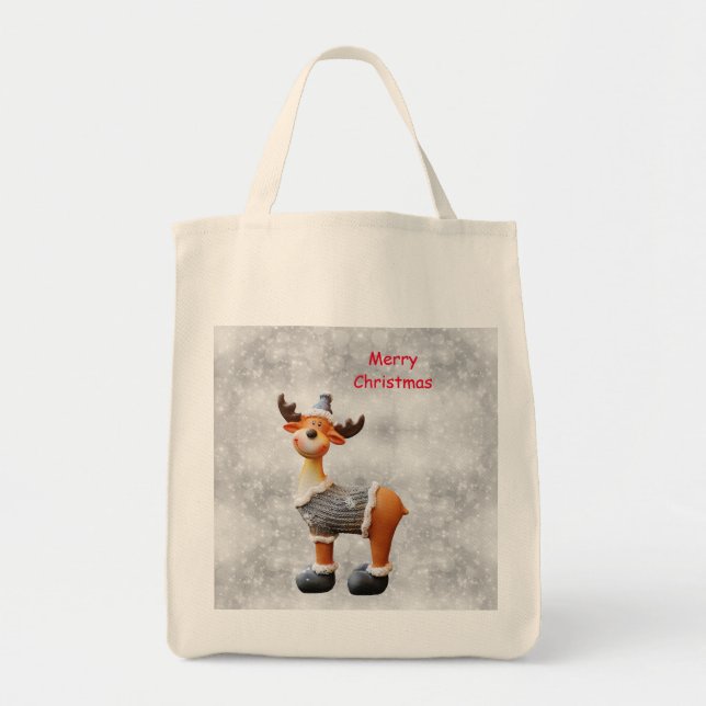 Bolso De Tela Feliz alce de Navidad con un gorra (Frente)