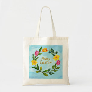 Bolso De Tela Feliz Año Pascua, corona de tulipanes