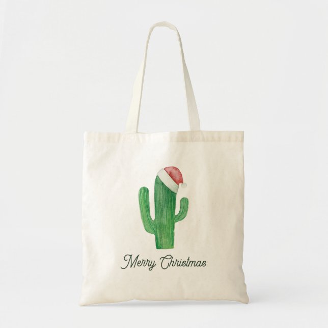 Bolso De Tela Feliz Cactus navideño con Santa Hat | Día festivo (Frente)