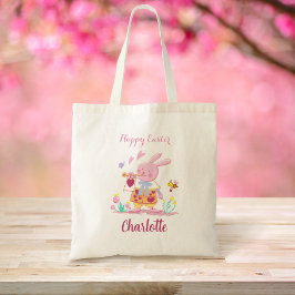 Bolso De Tela Feliz caza personalizada de huevos con conejo rosa
