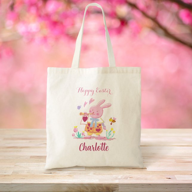 Bolso De Tela Feliz caza personalizada de huevos con conejo rosa (Subido por el creador)