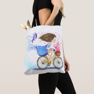Bolso De Tela Feliz Chica En Bicicleta - Románticos Corazones De