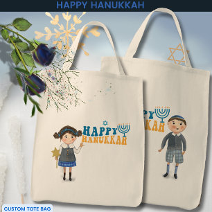 Bolso De Tela Feliz Chica y niño judío de Hanukkah