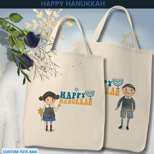 Bolso De Tela Feliz Chica y niño judío de Hanukkah (Happy Hanukkah Jewish Girl & Boy Tote Bag)
