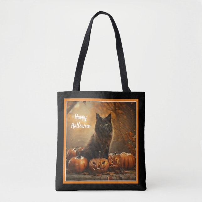 Bolso De Tela Feliz Colección de Gatos Negros de Halloween (Anverso)