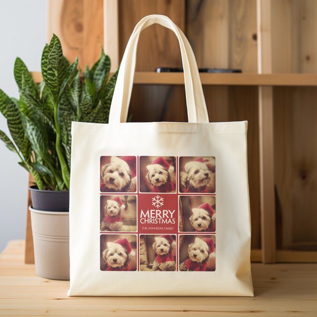 Bolso De Tela Feliz Collage de fotos de Navidad Blanco Rojo (Personalized tote bag with photos and custom text)