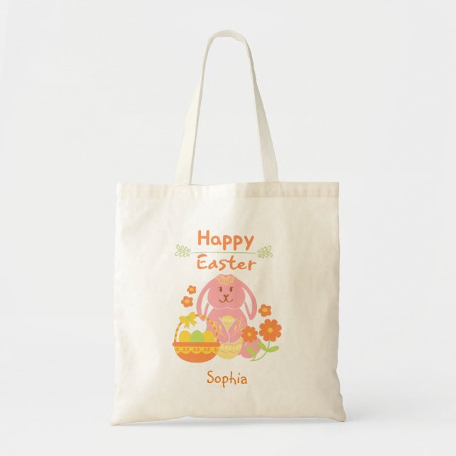Bolso De Tela Feliz Conejo Rosa de Pascua y Flores (Frente)