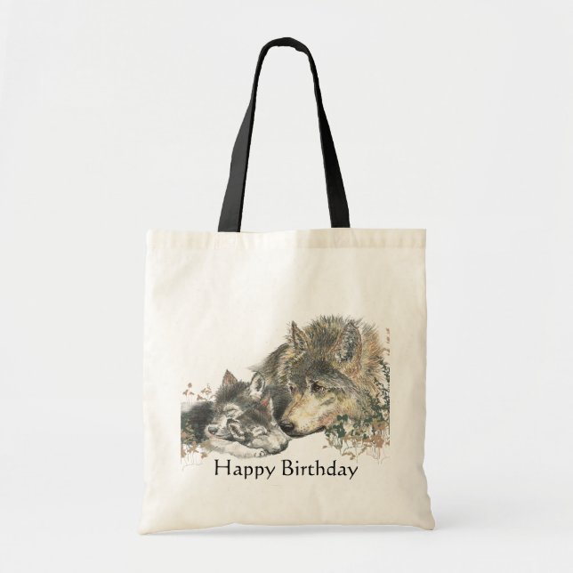 Bolso De Tela Feliz cumpleaños acuarela Wolf & Cubs Arte Animal (Frente)