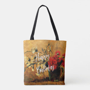 Bolso De Tela Feliz cumpleaños, jug con claveles rojos y blancos
