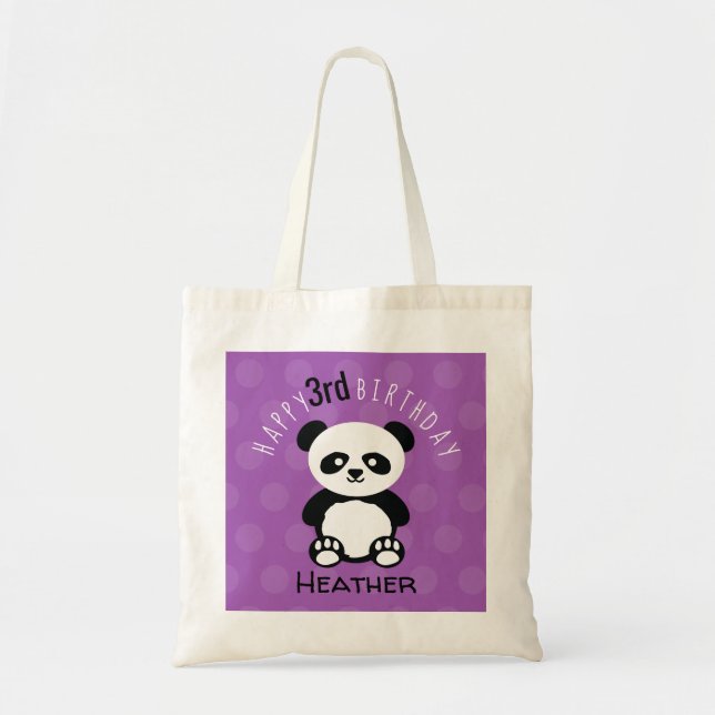 Bolso De Tela Feliz cumpleaños Panda Chica púrpura infantil pers (Frente)
