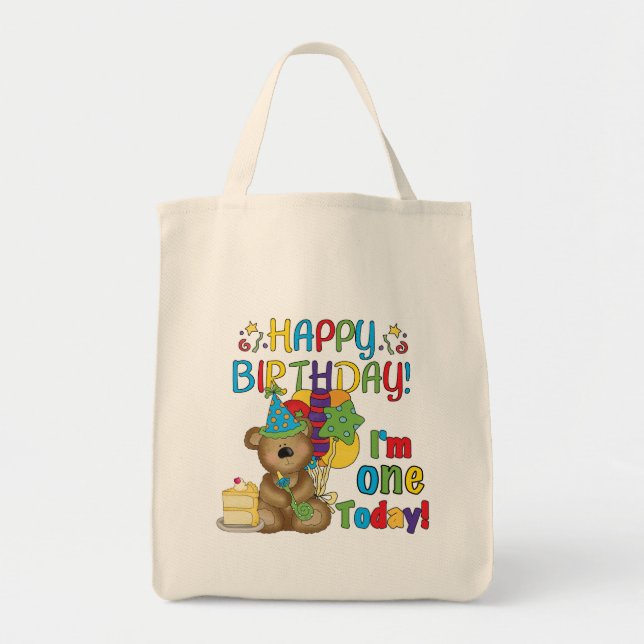 Bolso De Tela Feliz cumpleaños Teddy Bear primera camisetas y re (Frente)