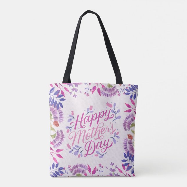Bolso De Tela Feliz Día de la Madre lindo acuarela brillante flo (Reverso)
