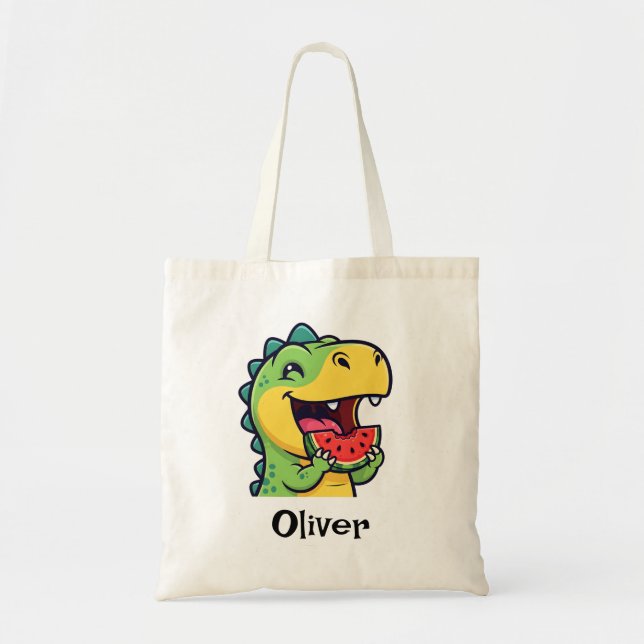 Bolso De Tela Feliz Dinosaurio Comiendo Sandía (Frente)