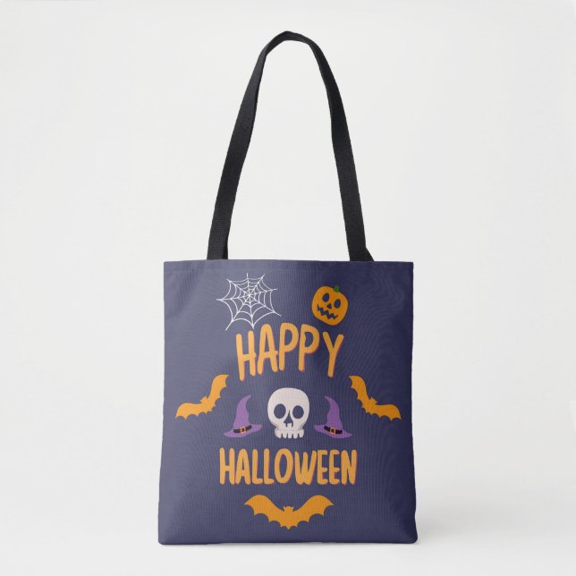 Bolso De Tela Feliz diseño de naranja de murciélago de calabaza  (Anverso)