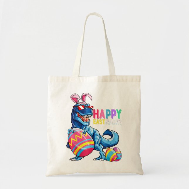 Bolso De Tela Feliz Eastrawar T Rex Dinosaur Easter Bunny Egg Co (Frente)