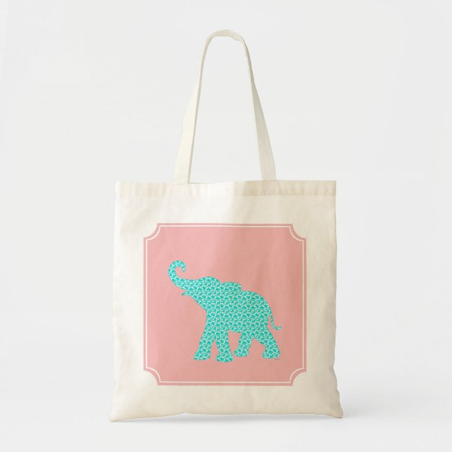 Bolso De Tela Feliz Elefante Art Turquesa Patrón moderno (Frente)