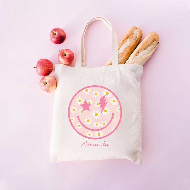 Bolso De Tela Feliz Face Pastel Rosa Daisy Tote Bag para ella (Happy Face Pastel Pink Daisy Tote Bag for her)