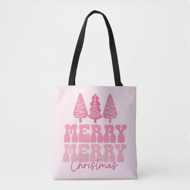 Bolso De Tela Feliz Feliz Navidad - Diseño de vacaciones rosas (Anverso)