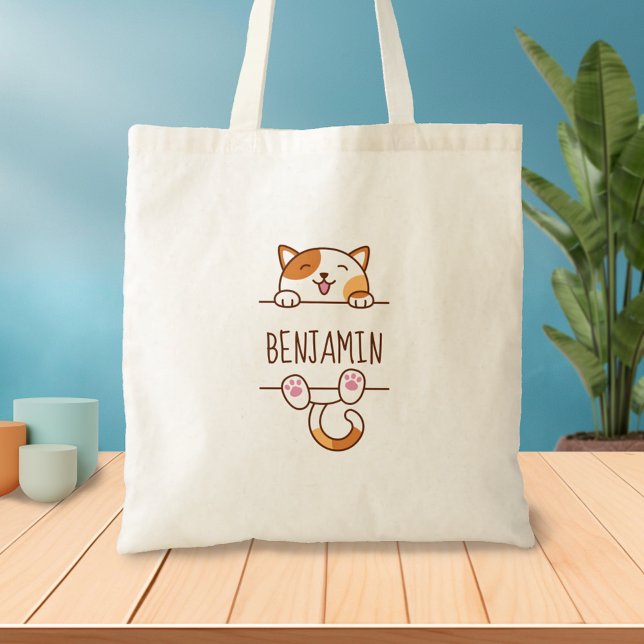 Bolso De Tela Feliz gato de Calico buscando detrás de nombre per (Subido por el creador)