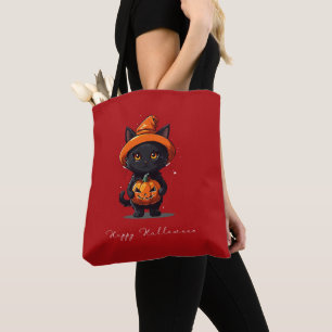 Bolso De Tela Feliz gato negro de Halloween con calabaza Hallowe
