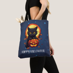Bolso De Tela Feliz gato negro de Halloween con calabaza Hallowe