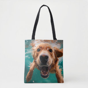 Bolso De Tela Feliz Golden Retriever Nadando bajo el agua