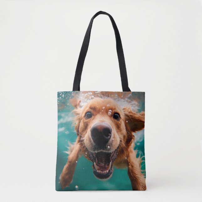 Bolso De Tela Feliz Golden Retriever Nadando bajo el agua (Anverso)