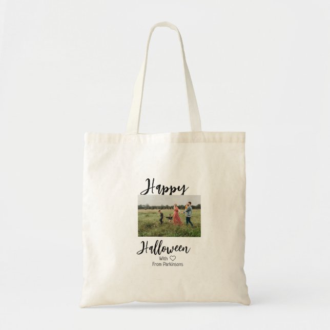 Bolso De Tela Feliz Halloween agregar nombre de familia foto sim (Frente)