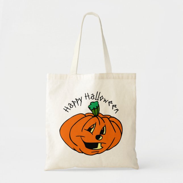 Bolso De Tela Feliz Halloween, Amigable, Calabaza Jack-o'-Lanter (Frente)
