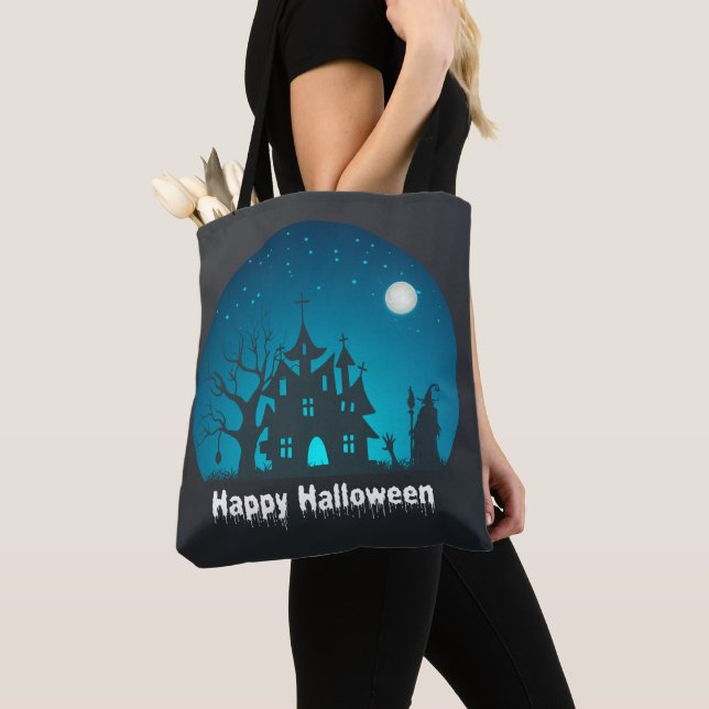 Bolso De Tela Feliz Halloween azul y negro casa embrujada (Detalle)
